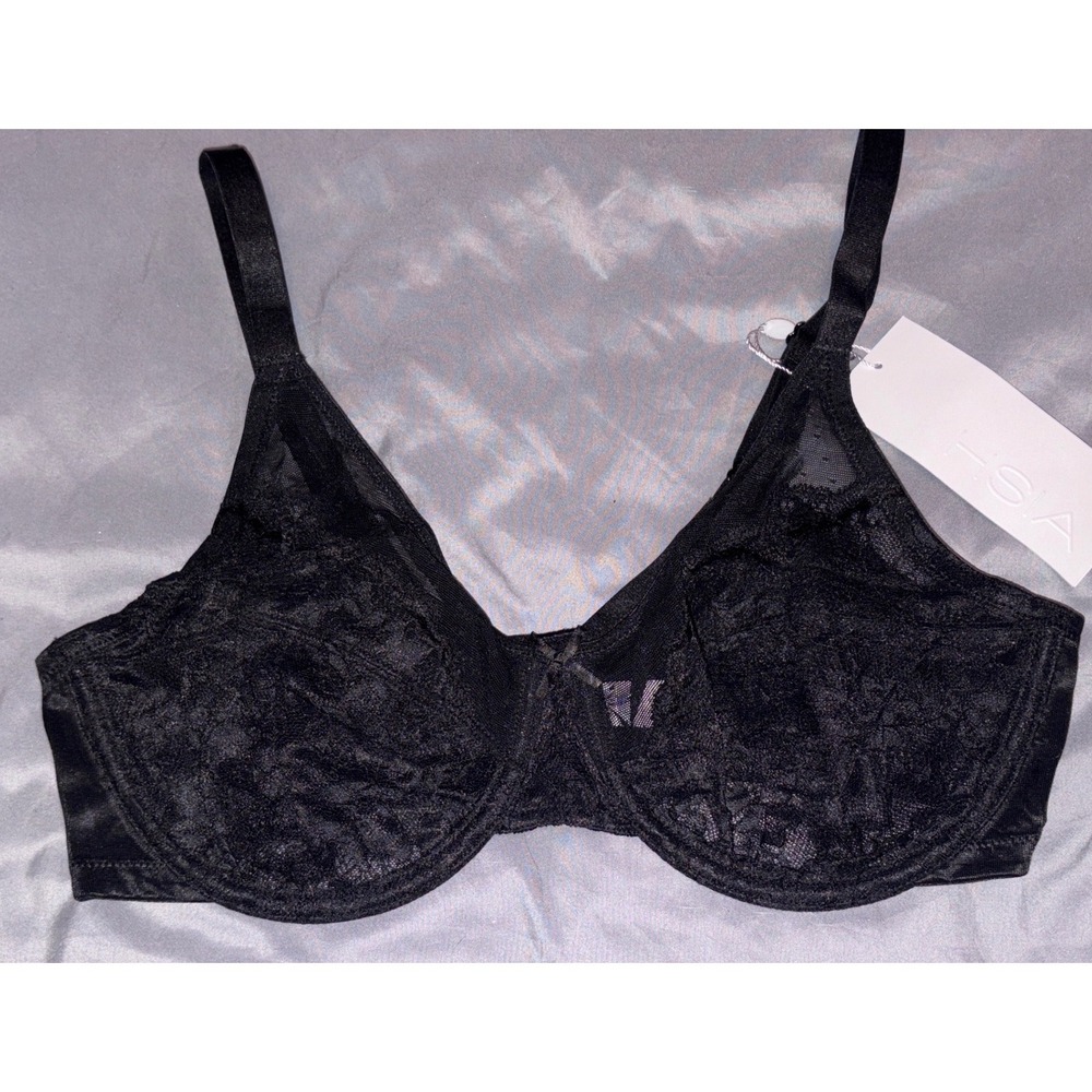 NEW HSIA Black Lace Unlined Full Coverage Underwire Bra, Size‎ 36C